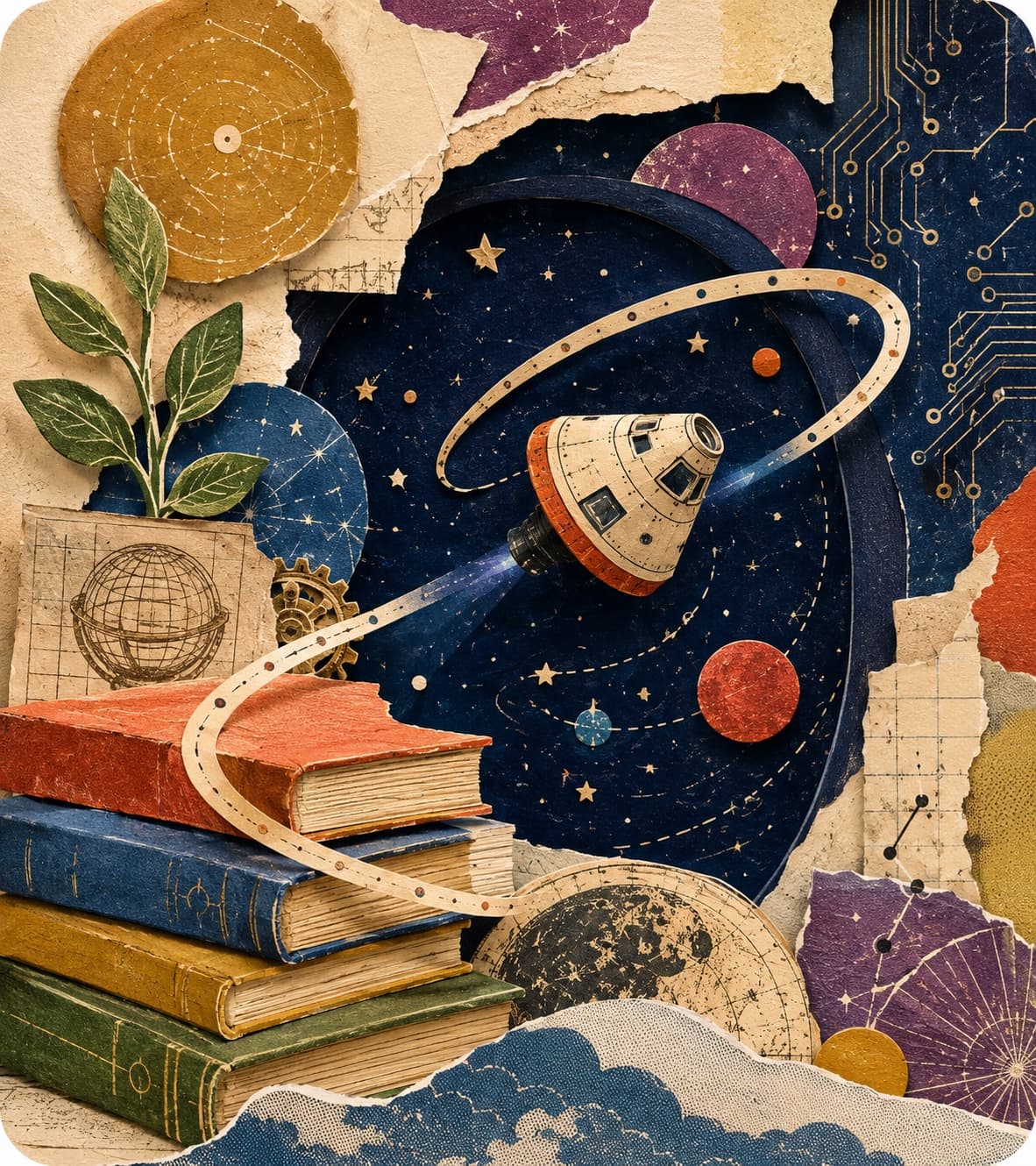 A retro-futurist paper collage of a space capsule orbiting books, stars, and circuitry